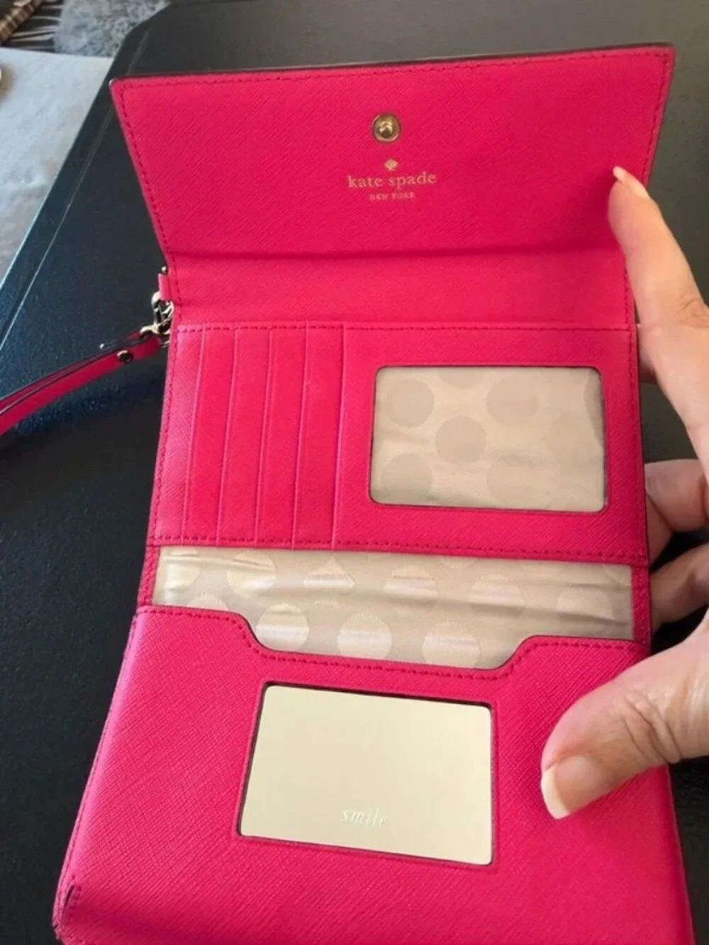 kate spade hot pink Saffiano leather continental wallet with gold logo